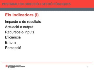 Els indicadors (I)
Impacte o de resultats
Actuació o output
Recursos o inputs
Eficiència
Entorn
Percepció
POSTGRAU EN DIRECCIÓ I GESTIÓ PÚBLIQUES
65
 
