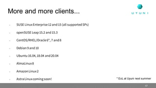 More and more clients...
17
• SUSE LinuxEnterprise12 and15 (all supportedSPs)
• openSUSE Leap15.2 and15.3
• CentOS/RHEL/Oracle6*, 7 and8
• Debian9 and10
• Ubuntu 16.04,18.04 and20.04
• AlmaLinux8
• AmazonLinux2
• AstraLinuxcomingsoon! * EoL at Uyuni next summer
 