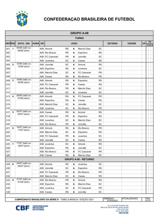 1 2 3
401 1 A08 Aimoré RS x Marcíio Dias SC
402 1 A08 Rio Branco PR x Esportivo RS
403 1 A08 FC Cascavel PR x Joinville SC
404 1 A08 Juventus SC x Caxias RS
405 2 A08 Joinville SC x Aimoré RS
406 2 A08 Esportivo RS x Juventus SC
407 2 A08 Marcíio Dias SC x FC Cascavel PR
408 2 A08 Caxias RS x Rio Branco PR
409 3 A08 Aimoré RS x Esportivo RS
410 3 A08 FC Cascavel PR x Caxias RS
411 3 A08 Rio Branco PR x Marcíio Dias SC
412 3 A08 Joinville SC x Juventus SC
413 4 A08 Aimoré RS x FC Cascavel PR
414 4 A08 Esportivo RS x Caxias RS
415 4 A08 Marcíio Dias SC x Joinville SC
416 4 A08 Juventus SC x Rio Branco PR
417 5 A08 Caxias RS x Aimoré RS
418 5 A08 FC Cascavel PR x Esportivo RS
419 5 A08 Juventus SC x Marcíio Dias SC
420 5 A08 Rio Branco PR x Joinville SC
421 6 A08 Aimoré RS x Rio Branco PR
422 6 A08 Marcíio Dias SC x Esportivo RS
423 6 A08 FC Cascavel PR x Juventus SC
424 6 A08 Joinville SC x Caxias RS
425 7 A08 Juventus SC x Aimoré RS
426 7 A08 Esportivo RS x Joinville SC
427 7 A08 Rio Branco PR x FC Cascavel PR
428 7 A08 Caxias RS x Marcíio Dias SC
429 8 A08 Aimoré RS x Juventus SC
430 8 A08 Joinville SC x Esportivo RS
431 8 A08 FC Cascavel PR x Rio Branco PR
432 8 A08 Marcíio Dias SC x Caxias RS
433 9 A08 Rio Branco PR x Aimoré RS
434 9 A08 Esportivo RS x Marcíio Dias SC
435 9 A08 Juventus SC x FC Cascavel PR
436 9 A08 Caxias RS x Joinville SC
EMISSAO ATUALIZAÇÃO
27/03/2021
CAMPEONATO BRASILEIRO DA SÉRIE D - TABELA BÁSICA / EDIÇÃO 2021 PÁG
12/15
GRUPO A-08 - RETURNO
05/06 (sáb) ou
06/06 (dom)
12/06 (sáb) ou
13/06 (dom)
19/06 (sáb) ou
20/06 (dom)
26/06 (sáb) ou
27/06 (dom)
03/07 (sáb) ou
04/07 (dom)
10/07 (sáb) ou
11/07 (dom)
GRUPO A-08
REFROD DATA - DIA HORA JOGO ESTÁDIO CIDADE UF
TV
TURNO
CONFEDERAÇÃO BRASILEIRA DE FUTEBOL
17/07 (sáb) ou
18/07 (dom)
24/07 (sáb) ou
25/07 (dom)
31/07 (sáb) ou
01/08 (dom)
GR
 