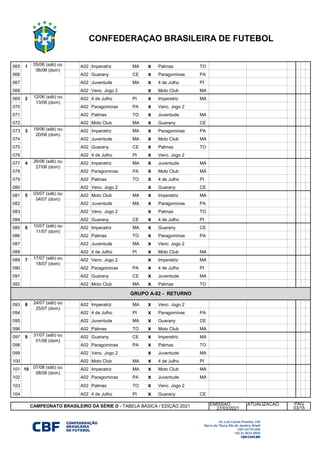 065 1 A02 Imperatriz MA x Palmas TO
066 1 A02 Guarany CE x Paragominas PA
067 1 A02 Juventude MA x 4 de Julho PI
068 1 A02 Venc. Jogo 2 x Moto Club MA
069 2 A02 4 de Julho PI x Imperatriz MA
070 2 A02 Paragominas PA x Venc. Jogo 2
071 2 A02 Palmas TO x Juventude MA
072 2 A02 Moto Club MA x Guarany CE
073 3 A02 Imperatriz MA x Paragominas PA
074 3 A02 Juventude MA x Moto Club MA
075 3 A02 Guarany CE x Palmas TO
076 3 A02 4 de Julho PI x Venc. Jogo 2
077 4 A02 Imperatriz MA x Juventude MA
078 4 A02 Paragominas PA x Moto Club MA
079 4 A02 Palmas TO x 4 de Julho PI
080 4 A02 Venc. Jogo 2 x Guarany CE
081 5 A02 Moto Club MA x Imperatriz MA
082 5 A02 Juventude MA x Paragominas PA
083 5 A02 Venc. Jogo 2 x Palmas TO
084 5 A02 Guarany CE x 4 de Julho PI
085 6 A02 Imperatriz MA x Guarany CE
086 6 A02 Palmas TO x Paragominas PA
087 6 A02 Juventude MA x Venc. Jogo 2
088 6 A02 4 de Julho PI x Moto Club MA
089 7 A02 Venc. Jogo 2 x Imperatriz MA
090 7 A02 Paragominas PA x 4 de Julho PI
091 7 A02 Guarany CE x Juventude MA
092 7 A02 Moto Club MA x Palmas TO
093 8 A02 Imperatriz MA x Venc. Jogo 2
094 8 A02 4 de Julho PI x Paragominas PA
095 8 A02 Juventude MA x Guarany CE
096 8 A02 Palmas TO x Moto Club MA
097 9 A02 Guarany CE x Imperatriz MA
098 9 A02 Paragominas PA x Palmas TO
099 9 A02 Venc. Jogo 2 x Juventude MA
100 9 A02 Moto Club MA x 4 de Julho PI
101 10 A02 Imperatriz MA x Moto Club MA
102 10 A02 Paragominas PA x Juventude MA
103 10 A02 Palmas TO x Venc. Jogo 2
104 10 A02 4 de Julho PI x Guarany CE
EMISSAO ATUALIZAÇÃO
27/03/2021
12/06 (sáb) ou
13/06 (dom)
19/06 (sáb) ou
20/06 (dom)
26/06 (sáb) ou
27/06 (dom)
03/07 (sáb) ou
04/07 (dom)
10/07 (sáb) ou
11/07 (dom)
17/07 (sáb) ou
18/07 (dom)
24/07 (sáb) ou
25/07 (dom)
31/07 (sáb) ou
01/08 (dom)
07/08 (sáb) ou
08/08 (dom)
05/06 (sáb) ou
06/06 (dom)
GRUPO A-02 - RETURNO
CAMPEONATO BRASILEIRO DA SÉRIE D - TABELA BÁSICA / EDIÇÃO 2021 PÁG
03/15
CONFEDERAÇÃO BRASILEIRA DE FUTEBOL
 