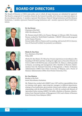 BOARD OF DIRECTORS
ANNUAL REPORT 2018
15
The Board of Directors is CMA’s main policy arm to which all major decisions are submitted for approval.
The Board is composed of 13 members chosen by the General Assembly, all of whom are important players in
the microfinance industry. 11 members represent Microfinance Deposit Taking Institutions and Microfinance
Institutions, 1 member represents Financial Leasing Institutions and 1 member represents Rural Credit Insti-
tutions.
Mr. Kea Borann
Chairman of the BoD
AMK Microfinance Plc.
Oknha Dr. Bun Mony
Vice-chairman of the BoD	
Vithey MFI
Mr. Chea Phalarin
Member of the BoD
Amret Microfinance Institution
Mr. Borann joined AMK as its Finance Manager in February 2004. Previously,
Borann worked for World Relief Cambodia / CREDIT (Microcredit program)
as the Finance Director.
Borann holds a BBA in Finance and Accounting, and received ACCA (Associa-
tion of Chartered Certified Accountants) accreditation.
Oknha Dr. Bun Mony), Dr. Mony has 18 years experiences in microfinance after
founding CCB NGO and then working for eight years as Executive Director of
CCB. In 2003 CCB NGO became a licensed MFI. Dr. Mony is a field specialist
in finance, accounting and management with a Bachelor of Business Admin-
istration from the National University of Management, a Master of Business
Administration (MBA) from Ultara University of Malaysia, and a Doctor of
Business Administration (DBA) from Preston University, USA.
Mr. Phalarin has worked with AMRET since 1997 and his responsibilities focus
on training credit agents, supervising key managers in different departments,
relating to local authorities, governments, donors and creditors, and managing
relationships with the Board of Directors. In 1995, he worked with Ministry of
Agriculture before joining AMRET. He holds a Bachelor of Business Adminis-
tration from National Institute of Management (1991) and a Master of Business
from University Utara Malaysia (2002).
 