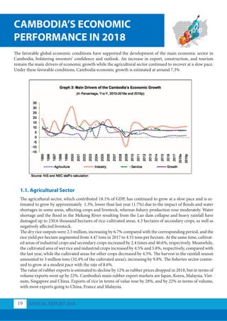 CAMBODIA’S ECONOMIC
PERFORMANCE IN 2018
1.1. Agricultural Sector
The favorable global economic conditions have supported the development of the main economic sector in
Cambodia, bolstering investors’ confidence and outlook. An increase in export, construction, and tourism
remain the main drivers of economic growth while the agricultural sector continued to recover at a slow pace.
Under these favorable conditions, Cambodia economic growth is estimated at around 7.3%
The agricultural sector, which contributed 18.1% of GDP, has continued to grow at a slow pace and is es-
timated to grow by approximately 1.3%, lower than last year (1.7%) due to the impact of floods and water
shortages in some areas, affecting crops and livestock, whereas fishery production rose moderately. Water
shortage and the flood in the Mekong River resulting from the Lao dam collapse and heavy rainfall have
damaged up to 230.6 thousand hectares of rice-cultivated areas, 4.3 hectares of secondary crops, as well as
negatively affected livestock.
The dry rice outputs were 2.5 million, increasing by 6.7% compared with the corresponding period, and the
rice yield per hectare augmented from 4.47 tons in 2017 to 4.51 tons per hectare. At the same time, cultivat-
ed areas of industrial crops and secondary crops increased by 2.4 times and 40.6%, respectively. Meanwhile,
the cultivated area of wet rice and industrial crops increased by 4.5% and 5.8%, respectively, compared with
the last year, while the cultivated areas for other crops decreased by 4.5%. The harvest in the rainfall season
amounted to 3 million tons (32.4% of the cultivated areas), increasing by 9.8%. The fisheries sector contin-
ued to grow at a modest pace with the rate of 8.6%.
The value of rubber exports is estimated to decline by 12% as rubber prices dropped in 2018, but in terms of
volume exports went up by 22%. Cambodia’s main rubber export markets are Japan, Korea, Malaysia, Viet-
nam, Singapore and China. Exports of rice in terms of value rose by 28%, and by 22% in terms of volume,
with most exports going to China, France and Malaysia.
ANNUAL REPORT 2018
19
 