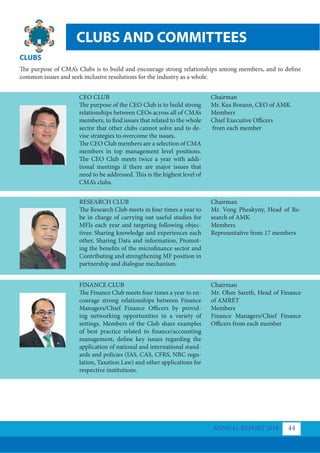 CLUBS
The purpose of CMA’s Clubs is to build and encourage strong relationships among members, and to define
common issues and seek inclusive resolutions for the industry as a whole.
CEO CLUB
The purpose of the CEO Club is to build strong
relationships between CEOs across all of CMA’s
members, to find issues that related to the whole
sector that other clubs cannot solve and to de-
vise strategies to overcome the issues.
The CEO Club members are a selection of CMA
members in top management level positions.
The CEO Club meets twice a year with addi-
tional meetings if there are major issues that
need to be addressed. This is the highest level of
CMA’s clubs.
RESEARCH CLUB
The Research Club meets in four times a year to
be in charge of carrying out useful studies for
MFIs each year and targeting following objec-
tives: Sharing knowledge and experiences each
other, Sharing Data and information, Promot-
ing the benefits of the microfinance sector and
Contributing and strengthening MF position in
partnership and dialogue mechanism.
FINANCE CLUB
The Finance Club meets four times a year to en-
courage strong relationships between Finance
Managers/Chief Finance Officers by provid-
ing networking opportunities in a variety of
settings. Members of the Club share examples
of best practice related to finance/accounting
management, define key issues regarding the
application of national and international stand-
ards and policies (IAS, CAS, CFRS, NBC regu-
lation, Taxation Law) and other applications for
respective institutions.
Chairman
Mr. Kea Borann, CEO of AMK
Members
Chief Executive Officers
from each member
Chairman
Mr. Vong Pheakyny, Head of Re-
search of AMK
Members
Representative from 17 members
Chairman
Mr. Ohm Sareth, Head of Finance
of AMRET
Members
Finance Managers/Chief Finance
Officers from each member
ANNUAL REPORT 2018 44
CLUBS AND COMMITTEES
 