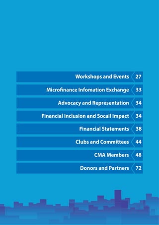 27
Microfinance Infomation Exchange 33
Advocacy and Representation 34
Financial Inclusion and Socail Impact 34
Financial Statements 38
Clubs and Committees 44
CMA Members 48
Donors and Partners 72
Workshops and Events
 