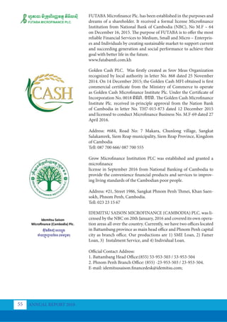 FUTABA Microfinance Plc. has been established in the purposes and
dreams of a shareholder. It received a formal license Microfinance
Institution from National Bank of Cambodia (NBC), No M.F – 64
on December 16, 2015. The purpose of FUTABA is to offer the most
reliable Financial Services to Medium, Small and Micro – Enterpris-
es and Individuals by creating sustainable market to support current
and succeeding generation and social performance to achieve their
goal with better life in the future.
www.futabamfi.com.kh
Golden Cash PLC. Was firstly created as Srov Meas Organization
recognized by local authority in letter No. 868 dated 25 November
2014. On 14 December 2015; the Golden Cash MFI obtained is first
commercial certificate from the Ministry of Commerce to operate
as Golden Cash Microfinance Institute Plc. Under the Certificate of
Incorporation No. 0018 ពណ. ចបព. The Golden Cash Microfinance
Institute Plc. received in-principle approval from the Nation Bank
of Cambodia in letter No. TH7-015-873 dated 12 December 2015
and licensed to conduct Microfinance Business No. M.F-69 dated 27
April 2016.
Address: #684, Road No: 7 Makara, Chunlong village, Sangkat
Salakamrek, Siem Reap municipality, Siem Reap Province, Kingdom
of Cambodia
Tell: 087 700 666/ 087 700 555
Grow Microfinance Institution PLC was established and granted a
microfinance
license in September 2016 from National Banking of Cambodia to
provide the convenience financial products and services to improv-
ing living standards of the Cambodian poor people.
Address: #21, Street 1986, Sangkat Phnom Penh Thmei, Khan Saen-
sokh, Phnom Penh, Cambodia.
Tell: 023 23 15 67
IDEMITSU SAISON MICROFINANCE (CAMBODIA) PLC. was li-
censed by the NBC on 20th January, 2016 and covered its own opera-
tion areas all over the country. Currently, we have two offices located
in Battambang province as main head office and Phnom Penh capital
city as branch office. Our productions are 1) SME Loan, 2) Famer
Loan, 3) Instalment Service, and 4) Individual Loan.
Official Contact Address:
1. Battambang Head Office:(855) 53-953-503 / 53-953-504
2. Phnom Penh Branch Office: (855) -23-953-503 / 23-953-504.
E-mail: idemitsusaison.financedesk@idemitsu.com;
ANNUAL REPORT 2018
55
 