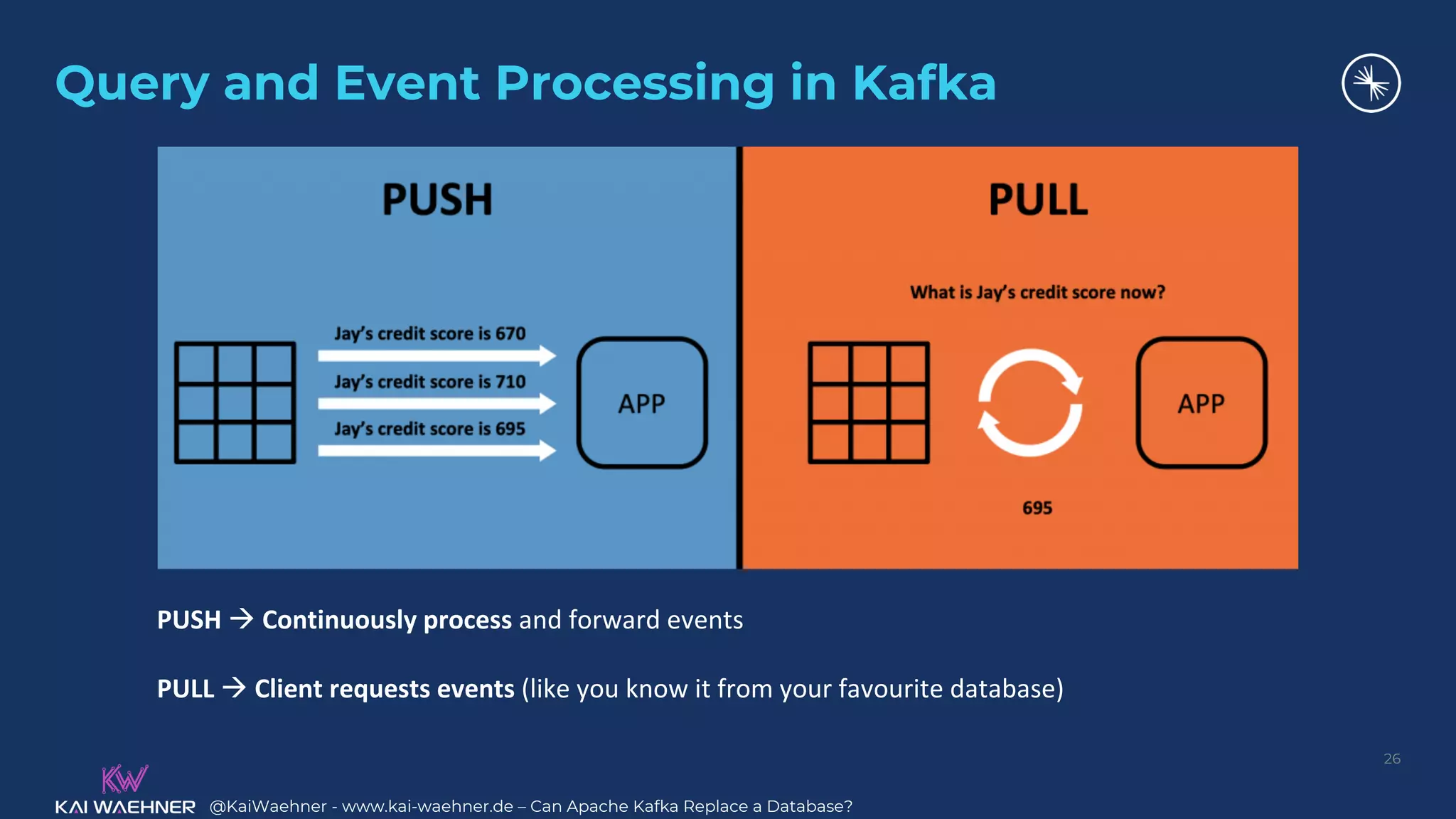 @KaiWaehner - www.kai-waehner.de – Can Apache Kafka Replace a Database?
Query and Event Processing in Kafka
26
PUSH à Continuously process and forward events
PULL à Client requests events (like you know it from your favourite database)
 