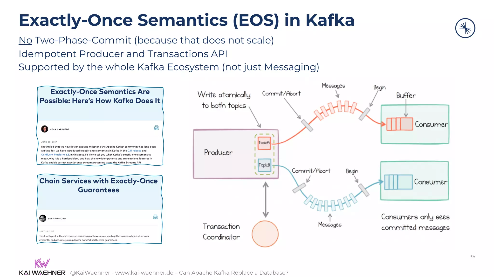 @KaiWaehner - www.kai-waehner.de – Can Apache Kafka Replace a Database?
Exactly-Once Semantics (EOS) in Kafka
No Two-Phase-Commit (because that does not scale)
Idempotent Producer and Transactions API
Supported by the whole Kafka Ecosystem (not just Messaging)
35
 