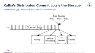 @KaiWaehner - www.kai-waehner.de – Can Apache Kafka Replace a Database?
Kafka’s Distributed Commit Log is the Storage
(and enables real decoupling and domain-driven design)
17
https://www.confluent.io/blog/microservices-apache-kafka-domain-driven-design/
 