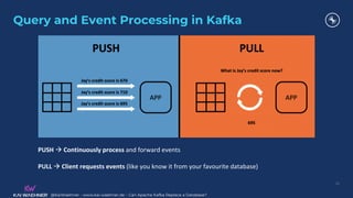 @KaiWaehner - www.kai-waehner.de – Can Apache Kafka Replace a Database?
Query and Event Processing in Kafka
26
PUSH à Continuously process and forward events
PULL à Client requests events (like you know it from your favourite database)
 