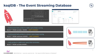 @KaiWaehner - www.kai-waehner.de – Can Apache Kafka Replace a Database?
ksqlDB - The Event Streaming Database
27
-- Continuously look up data in a table; query keeps running
SELECT * FROM myTable WHERE ... EMIT CHANGES
-- Continuously look up data in a stream; query keeps running
SELECT * FROM myStream WHERE ... EMIT CHANGES
-- Look up data in a table once; query then terminates
SELECT * FROM myTable WHERE ...
app
app
 