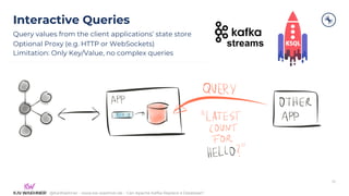 @KaiWaehner - www.kai-waehner.de – Can Apache Kafka Replace a Database?
Interactive Queries
Query values from the client applications’ state store
Optional Proxy (e.g. HTTP or WebSockets)
Limitation: Only Key/Value, no complex queries
32
streams
 