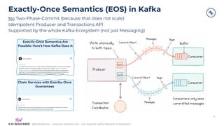 @KaiWaehner - www.kai-waehner.de – Can Apache Kafka Replace a Database?
Exactly-Once Semantics (EOS) in Kafka
No Two-Phase-Commit (because that does not scale)
Idempotent Producer and Transactions API
Supported by the whole Kafka Ecosystem (not just Messaging)
35
 