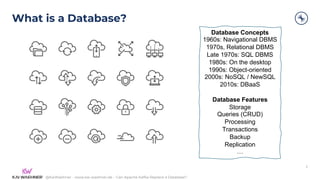 @KaiWaehner - www.kai-waehner.de – Can Apache Kafka Replace a Database?
What is a Database?
6
Database Concepts
1960s: Navigational DBMS
1970s, Relational DBMS
Late 1970s: SQL DBMS
1980s: On the desktop
1990s: Object-oriented
2000s: NoSQL / NewSQL
2010s: DBaaS
Database Features
Storage
Queries (CRUD)
Processing
Transactions
Backup
Replication
…
 