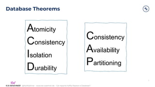 @KaiWaehner - www.kai-waehner.de – Can Apache Kafka Replace a Database?
Database Theorems
7
Atomicity
Consistency
Isolation
Durability
Consistency
Availability
Partitioning
 