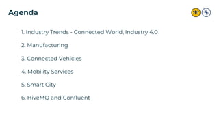 Agenda
1. Industry Trends - Connected World, Industry 4.0
2. Manufacturing
3. Connected Vehicles
4. Mobility Services
5. S...