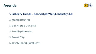 Agenda
1. Industry Trends - Connected World, Industry 4.0
2. Manufacturing
3. Connected Vehicles
4. Mobility Services
5. S...