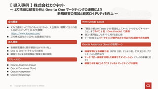 Copyright © 2021, Oracle and/or its affiliates
40
 オフィス通販サービス「カウネット」をスタート、大企業向け購買システムや個
人向けショッピング サイトなどを展開
https://www.kaunet.com/
 コクヨ株式会社の 100% 出資連結子会社
会社概要
導入背景
 新規顧客獲得と既存顧客のロイヤリティ向上
 One to One マーケティングの実現
 顧客分析による仮説検証と施策立案の実施
Why Oracle Cloud
ソリューション
 Oracle Analytics Cloud
 Oracle Database Cloud
 Oracle Maxymiser
 Oracle Responsys
【 導入事例 】 株式会社カウネット
～ より精緻な顧客分析と One to One マーケティングの連携により
新規顧客の増加と顧客ロイヤリティを向上 ～
 「顧客分析」から「Web サイト最適化」、「メール マーケティングオートメー
ション」まですべて 1 社（One Oracle）で提供
 導入・運用およびサポートに対する安心感
 データの加工などマーケティング部門のみで対応できる柔軟性と完結性
Oracle Analytics Cloud の活用シーン
 機械学習による顧客分析（RFM 分析、デシル分析、クラスタ分析、アソ
シエーション分析など）
 データ・フロー機能を活用した顧客セグメンテーション（データの準備と加
工）
 顧客分析を軸にしたクロス チャネル マーケティングの実現
 