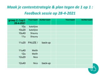 Maak je contentstrategie & plan tegen de 1 op 1 :
Feedback sessie op 28-4-2021
groep 2 -1op1/
28-4-2021
Voornaam Achternaam Voornaam Achternaam
10u katelijne
10u20 katelijne
10u40 Shauny
11u Shauny
11u20 PAUZE / back-up
11u40 Melih
12u Melih
12u20 Nico
12u40 Nico back-up
 