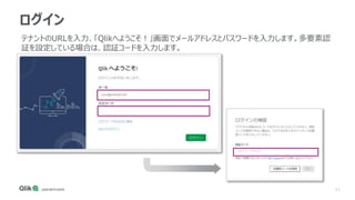 11
ログイン
テナントのURLを入力、「Qlikへようこそ！」画面でメールアドレスとパスワードを入力します。多要素認
証を設定している場合は、認証コードを入力します。
 