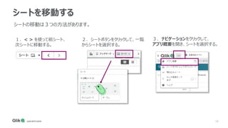 16
シートを移動する
シートの移動は３つの方法があります。
３．ナビゲーションをクリックして、
アプリ概要を開き、シートを選択する。
１．< > を使って前シート、
次シートに移動する。
２．シートボタンをクリックして、一覧
からシートを選択する。
をクリックするとハブに戻ります。
 