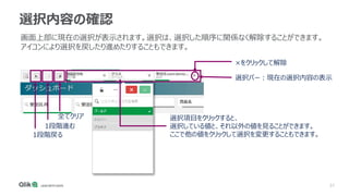 37
選択内容の確認
画面上部に現在の選択が表示されます。選択は、選択した順序に関係なく解除することができます。
アイコンにより選択を戻したり進めたりすることもできます。
1段階戻る
1段階進む
全てクリア
選択バー：現在の選択内容の表示
選択項目をクリックすると、
選択している値と、それ以外の値を見ることができます。
ここで他の値をクリックして選択を変更することもできます。
×をクリックして解除
 