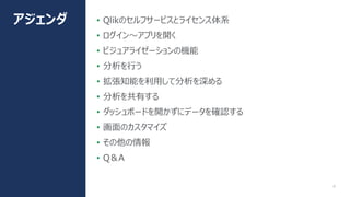 4
• Qlikのセルフサービスとライセンス体系
• ログイン～アプリを開く
• ビジュアライゼーションの機能
• 分析を行う
• 拡張知能を利用して分析を深める
• 分析を共有する
• ダッシュボードを開かずにデータを確認する
• 画面のカスタマイズ
• その他の情報
• Q＆A
アジェンダ
 