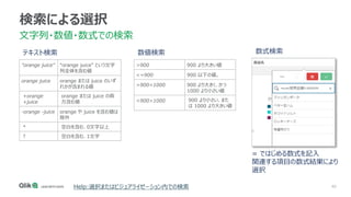 40
検索による選択
文字列・数値・数式での検索
テキスト検索
"orange juice" “orange juice” という文字
列全体を含む値
orange juice orange または juice のいず
れかが含まれる値
+orange
+juice
orange または juice の両
方含む値
-orange -juice orange や juice を含む値は
除外
* 空白を含む、0文字以上
? 空白を含む、1文字
Help:選択またはビジュアライゼーション内での検索
数値検索
>900 900 より大きい値
<=900 900 以下の値。
>900<1000 900 より大きく、かつ
1000 より小さい値
<900>1000 900 より小さい、また
は 1000 より大きい値
数式検索
= ではじめる数式を記入
関連する項目の数式結果により
選択
 