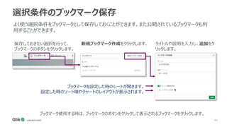 44
選択条件のブックマーク保存
よく使う選択条件をブックマークとして保存しておくことができます。また公開されているブックマークも利
用することができます。
保存しておきたい選択を行って、
ブックマークのボタンをクリックします。
ブックマークを設定した時のシートが開きます。
設定した時のソート順やチャートのレイアウトが表示されます。
新規ブックマーク作成をクリックします。 タイトルや説明を入力し、追加をク
リックします。
ブックマーク使用する時は、ブックマークのボタンをクリックして表示されるブックマークをクリックします。
 