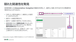 48
隠れた関連性を発見
• 分析したい項目を選択して、画面右上の選択
ツールをクリックします。
• 選択ツール画面が開きます。
• 選択ツール画面で選択をしてもかまいません。
• 連想洞察パネルで洞察を生成をクリックします。
連想洞察パネルが表示されていない場合は、
選択を探索するをクリックします。
• [洞察を生成]ボタンは、任意のデータが一つ以
上選択されているときに表示されます。
拡張知能によるAssociative Insightsの機能を利用して、選択した値に対するかくれた関連性を
発見することができます。
※Associative Insights が使用できる設定となっているアプリに限られます。
 