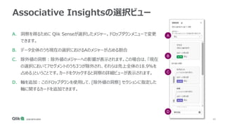 49
Associative Insightsの選択ビュー
A. 洞察を得るために Qlik Senseが選択したメジャー。ドロップダウンメニューで変更
できます。
B. データ全体のうち現在の選択におけるAのメジャーが占める割合
C. 除外値の洞察：除外値のメジャーへの影響が表示されます。この場合は、「現在
の選択において7セグメントのうち3つが除外され、それらは売上全体の18.9%を
占める」ということです。カードをクリックすると洞察の詳細ビューが表示されます。
D. 軸を追加：このドロップダウンを使用して、[除外値の洞察] セクションに指定した
軸に関するカードを追加できます。
A
B
C
D
 