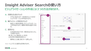53
Insight Adviser Searchの使い方
ビジュアライゼーションの作成には３つの方法があります。
A
B
C
A. 洞察を生成をクリック
- アプリに含まれるデータ全体からいくつかのビ
ジュアライゼーションが作成されます。
B. 軸やメジャーの項目をクリック
- 指定した項目を使用したビジュアライゼーショ
ンが作成されます。複数の項目を選択できま
す。
C. 質問する
- 日本語未対応ですが、項目名などを入力し
て利用できます。
例:売上 by 商品名 in 2020
(2020年の商品名別売上)
- 質問を入力後に実行キーを押します。
※シート上で行った選択は反映されます。
 