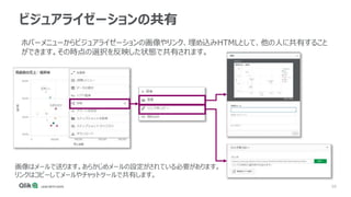58
ビジュアライゼーションの共有
ホバーメニューからビジュアライゼーションの画像やリンク、埋め込みHTMLとして、他の人に共有すること
ができます。その時点の選択を反映した状態で共有されます。
画像はメールで送ります。あらかじめメールの設定がされている必要があります。
リンクはコピーしてメールやチャットツールで共有します。
 