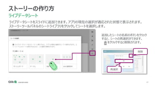 67
ストーリーの作り方
ライブデータシート
ライブデータシートをスライドに追加できます。アプリの現在の選択が適応された状態で表示されます。
ストーリーツールパネルのシートライブラリをクリックしてシートを選択します。
追加したシートの名前のボタンをクリック
すると、シートの再選択ができます。
をクリックすると削除されます。
再選択
削除
 