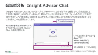 76
会話型分析 Insight Advisor Chat
Insight Advisor Chat は、クラウドハブで、チャットベースで分析が行える機能です。自然言語によ
る質問は英語でしか対応していませんが、項目のクリックにより答えをえたり、チャートを作成したりするこ
とができます。アプリを横断して質問することができ、詳細に分析したいときはアプリに移動できます。さら
に分析のヒントも提案してくれます。
※ Insight Advisor Chat が使用できる設定となっているアプリに限られます。
Ask Insight Advisor のボタン
をクリックするとInsight Advisor
Chat の画面が開きます。
いずれかのボタンをクリックする
App(アプリ)
Measures(数式)
Dimensions(軸)
または質問を入力する(英語)
 