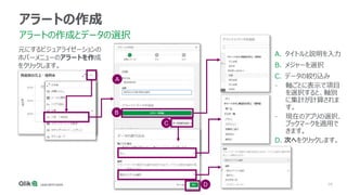 79
アラートの作成
アラートの作成とデータの選択
元にするビジュアライゼーションの
ホバーメニューのアラートを作成
をクリックします。
A
B
C
A. タイトルと説明を入力
B. メジャーを選択
C. データの絞り込み
‒ 軸ごとに表示で項目
を選択すると、軸別
に集計が計算されま
す。
‒ 現在のアプリの選択、
ブックマークを適用で
きます。
D. 次へをクリックします。
D
 
