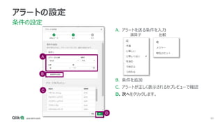 80
アラートの設定
条件の設定
A. アラートを送る条件を入力
B. 条件を追加
C. アラートが正しく表示されるかプレビューで確認
D. 次へをクリックします。
A
B
C
D
演算子 比較
 