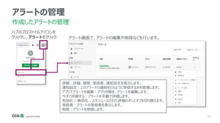 83
アラートの管理
作成したアラートの管理
ハブのプロファイルアイコンを
クリックし、アラートをクリック アラート画面で、アラートの編集や削除などを行います。
詳細：詳細、履歴、受信者、通知設定を表示します。
通知設定：このアラートの通知をどのように受信するかを管理します。
アプリでアラートを編集：アプリが開き、アラートを編集します。
今すぐ評価する：アラートを手動で評価します。
有効化 / 無効化：スケジュールされた評価のオンとオフを切り替えます。
受信者：アラートの受信者を表示します。
削除：アラートを削除します。
 