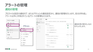 84
アラートの管理
通知の管理
プロファイル設定の通知タブ、またはアクションの通知設定から、通知の管理を行います。自分が作成し
アラート以外に共有されているアラートの管理も行えます。
アクション
通知を受け取りたいもの
をチェックします。
 