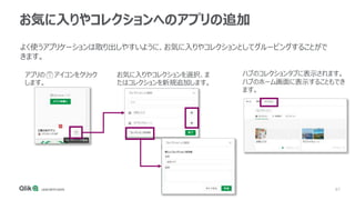 87
お気に入りやコレクションへのアプリの追加
よく使うアプリケーションは取り出しやすいように、お気に入りやコレクションとしてグルーピングすることがで
きます。
アプリの アイコンをクリック
します。
お気に入りやコレクションを選択、ま
たはコレクションを新規追加します。
ハブのコレクションタブに表示されます。
ハブのホーム画面に表示することもでき
ます。
 