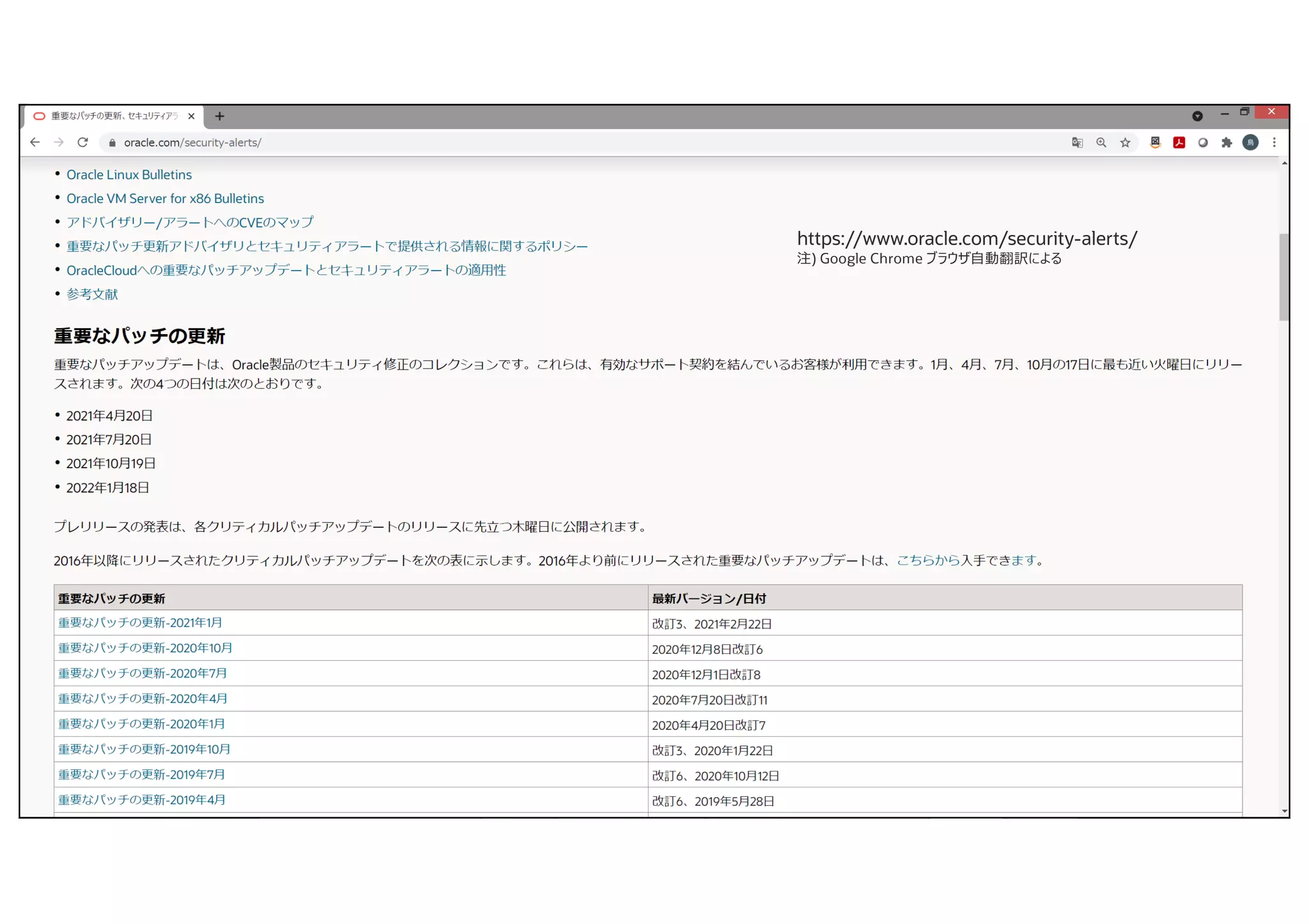 Copyright © 2021, Oracle and/or its affiliates
https://www.oracle.com/security-alerts/
注) Google Chrome ブラウザ⾃動翻訳による
 