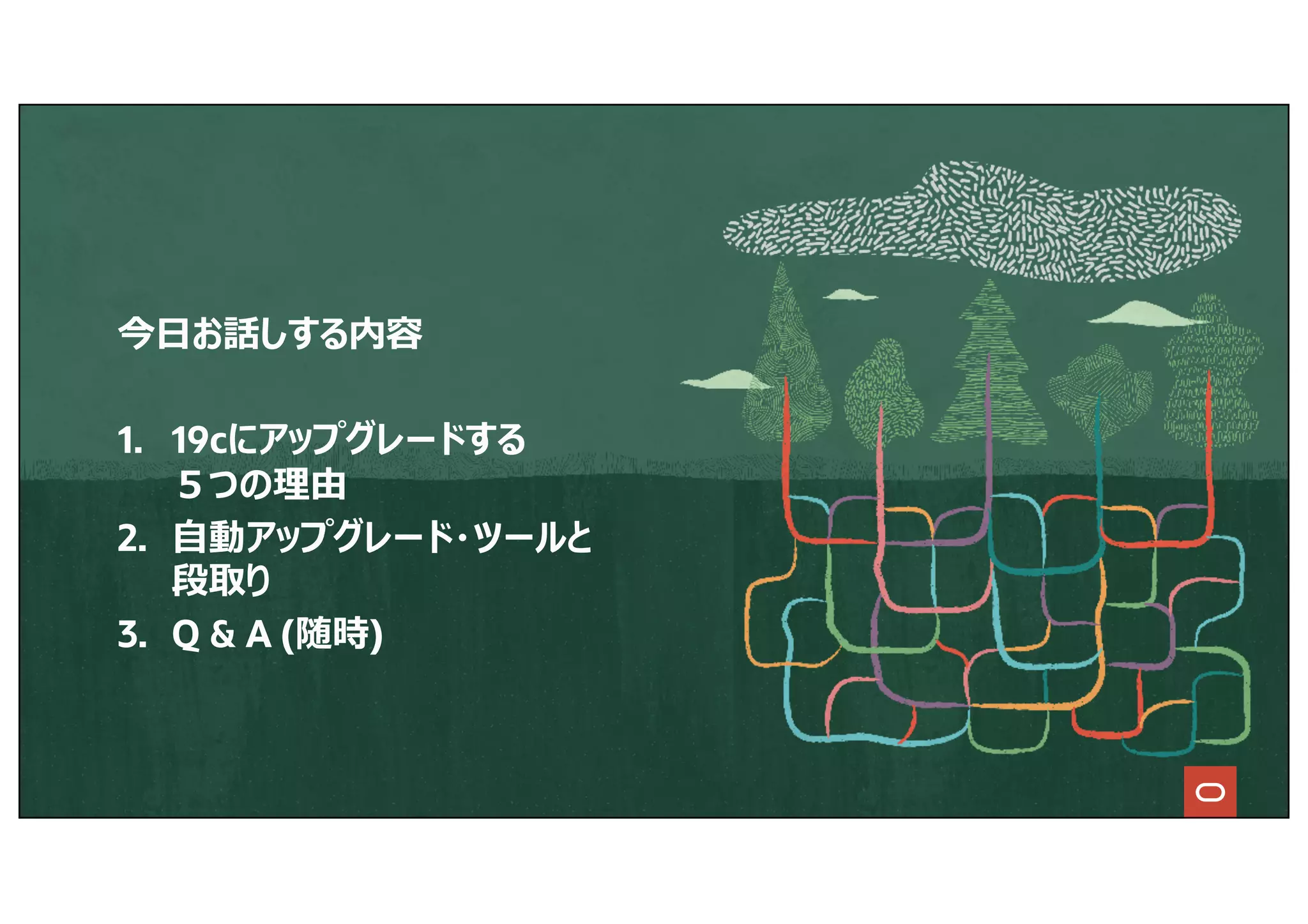 今⽇お話しする内容
1. 19cにアップグレードする
５つの理由
2. ⾃動アップグレード・ツールと
段取り
3. Q & A (随時)
 