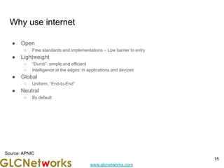 www.glcnetworks.com
Why use internet
● Open
○ Free standards and implementations – Low barrier to entry
● Lightweight
○ “Dumb”: simple and efficient
○ Intelligence at the edges: in applications and devices
● Global
○ Uniform, “End-to-End”
● Neutral
○ By default
15
Source: APNIC
 