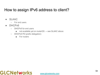www.glcnetworks.com
How to assign IPv6 address to client?
● SLAAC
○ For end users
● DHCPv6
○ DHCPv6 for end users
■ not available yet on routerOS → see SLAAC above
○ DHCPv6 PD (prefix delegation)
■ For routers
54
 