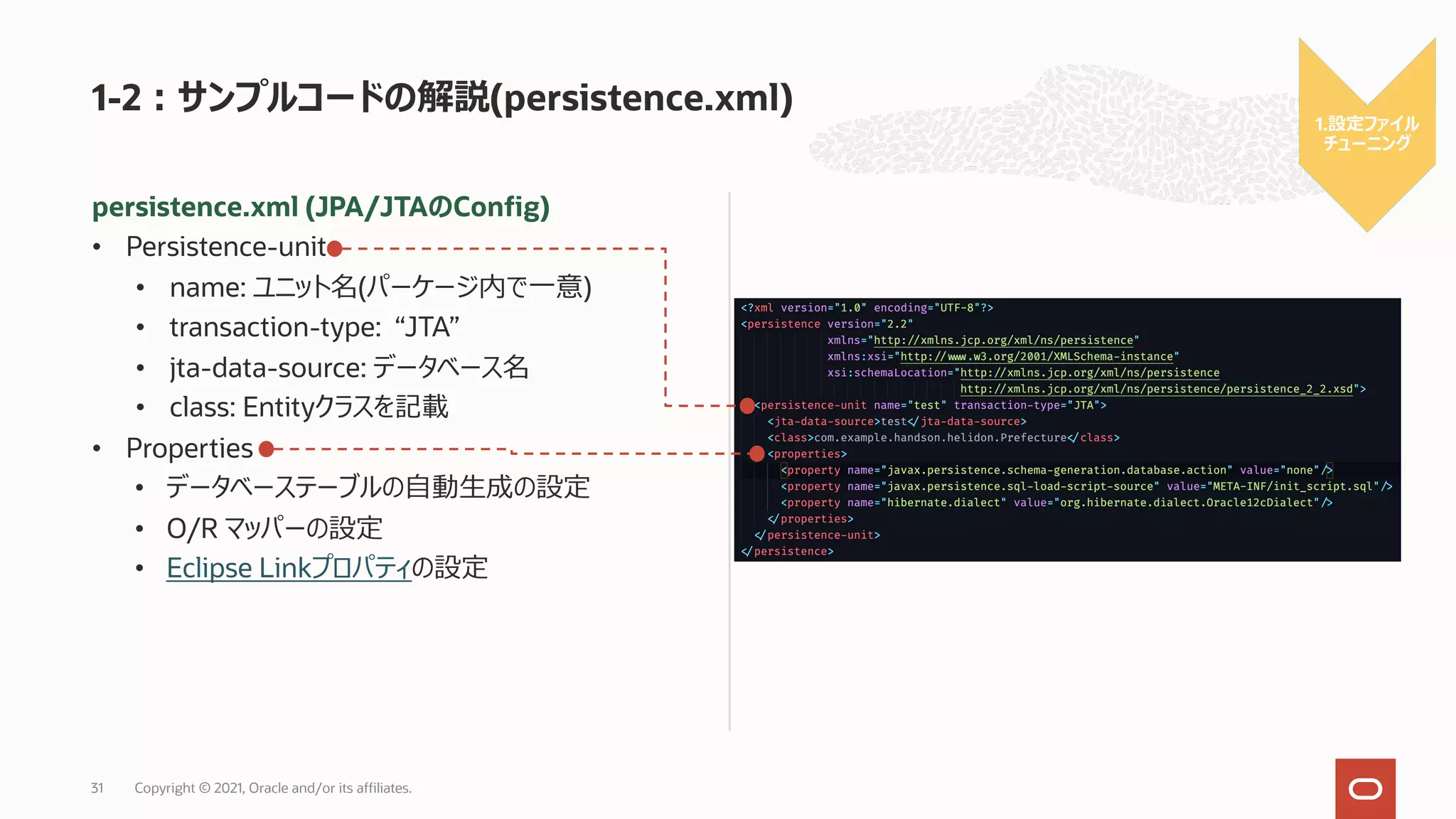 persistence.xml (JPA/JTAのConfig)
• Persistence-unit
• name: ユニット名(パーケージ内で⼀意)
• transaction-type: “JTA”
• jta-data-source: データベース名
• class: Entityクラスを記載
• Properties
• データベーステーブルの⾃動⽣成の設定
• O/R マッパーの設定
• Eclipse Linkプロパティの設定
1-2︓サンプルコードの解説(persistence.xml)
Copyright © 2021, Oracle and/or its affiliates.
31
1.設定ファイル
チューニング
 