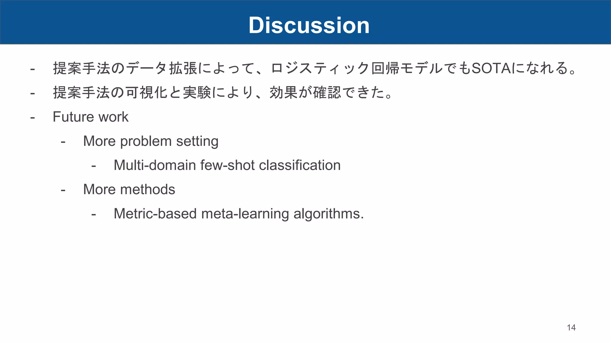 - 提案手法のデータ拡張によって、ロジスティック回帰モデルでもSOTAになれる。
- 提案手法の可視化と実験により、効果が確認できた。
- Future work
- More problem setting
- Multi-domain few-shot classification
- More methods
- Metric-based meta-learning algorithms.
Discussion
14
 