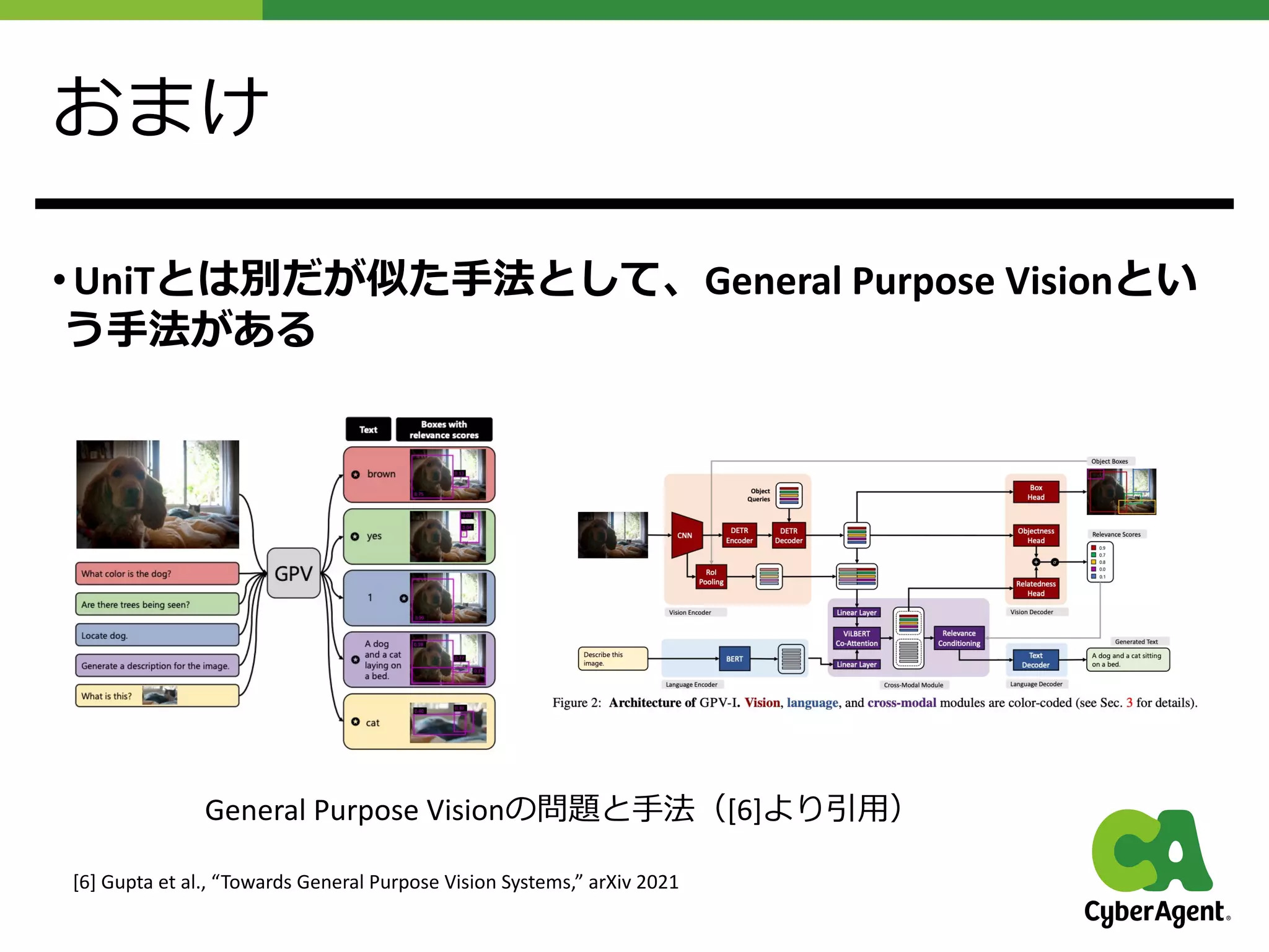おまけ
• UniTとは別だが似た⼿法として、General Purpose Visionとい
う⼿法がある
[6] Gupta et al., “Towards General Purpose Vision Systems,” arXiv 2021
General Purpose Visionの問題と⼿法（[6]より引⽤）
 