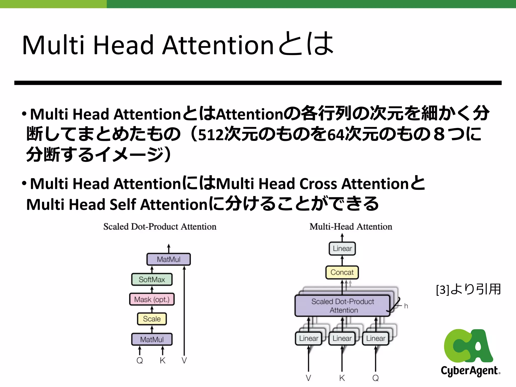 Multi Head Attentionとは
• Multi Head AttentionとはAttentionの各⾏列の次元を細かく分
断してまとめたもの（512次元のものを64次元のもの８つに
分断するイメージ）
• Multi Head AttentionにはMulti Head Cross Attentionと
Multi Head Self Attentionに分けることができる
[3]より引⽤
 