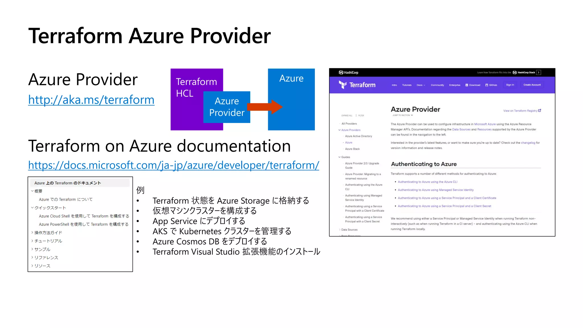 http://aka.ms/terraform
https://docs.microsoft.com/ja-jp/azure/developer/terraform/
 