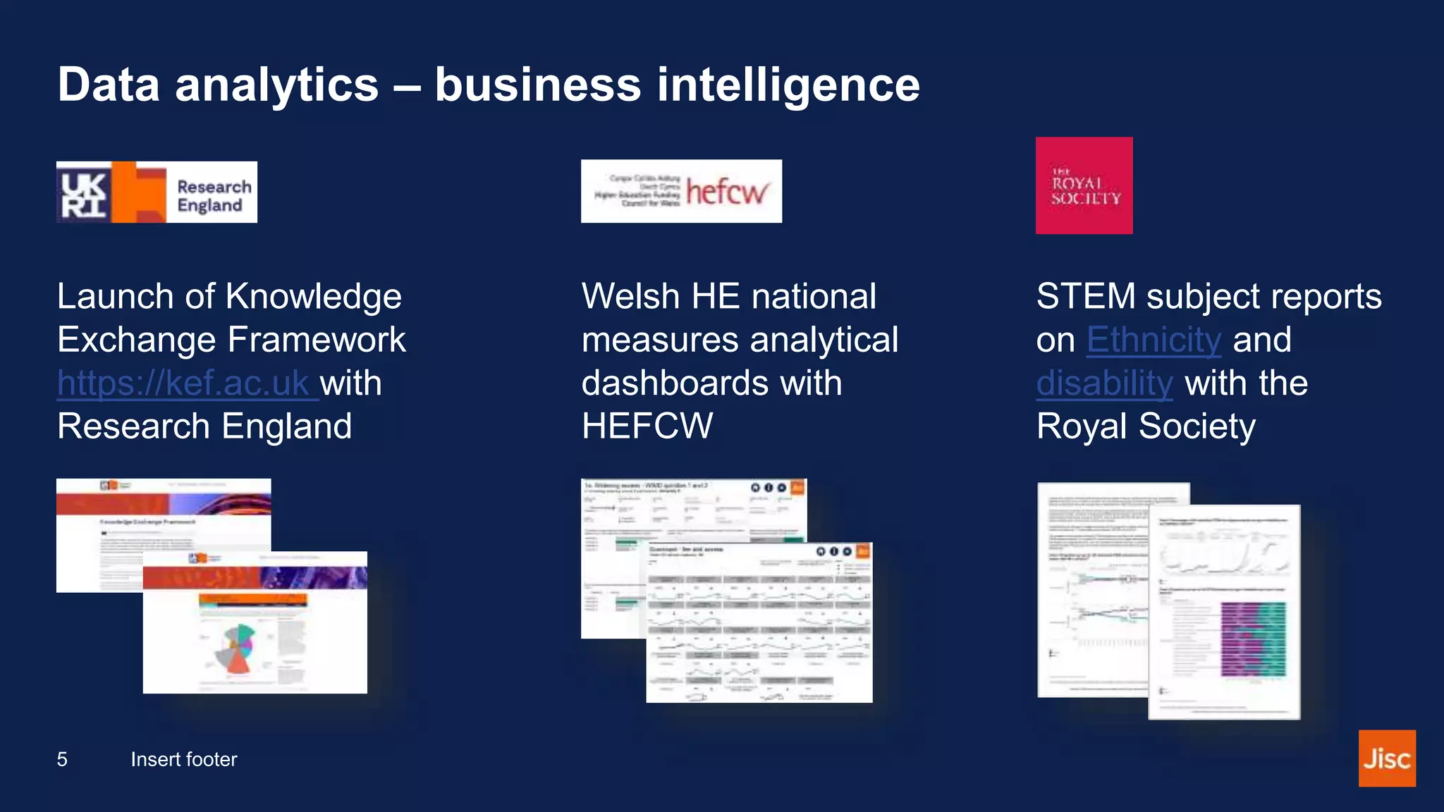 Data analytics – business intelligence
Launch of Knowledge
Exchange Framework
https://kef.ac.uk with
Research England
Welsh HE national
measures analytical
dashboards with
HEFCW
STEM subject reports
on Ethnicity and
disability with the
Royal Society
5 Insert footer
 