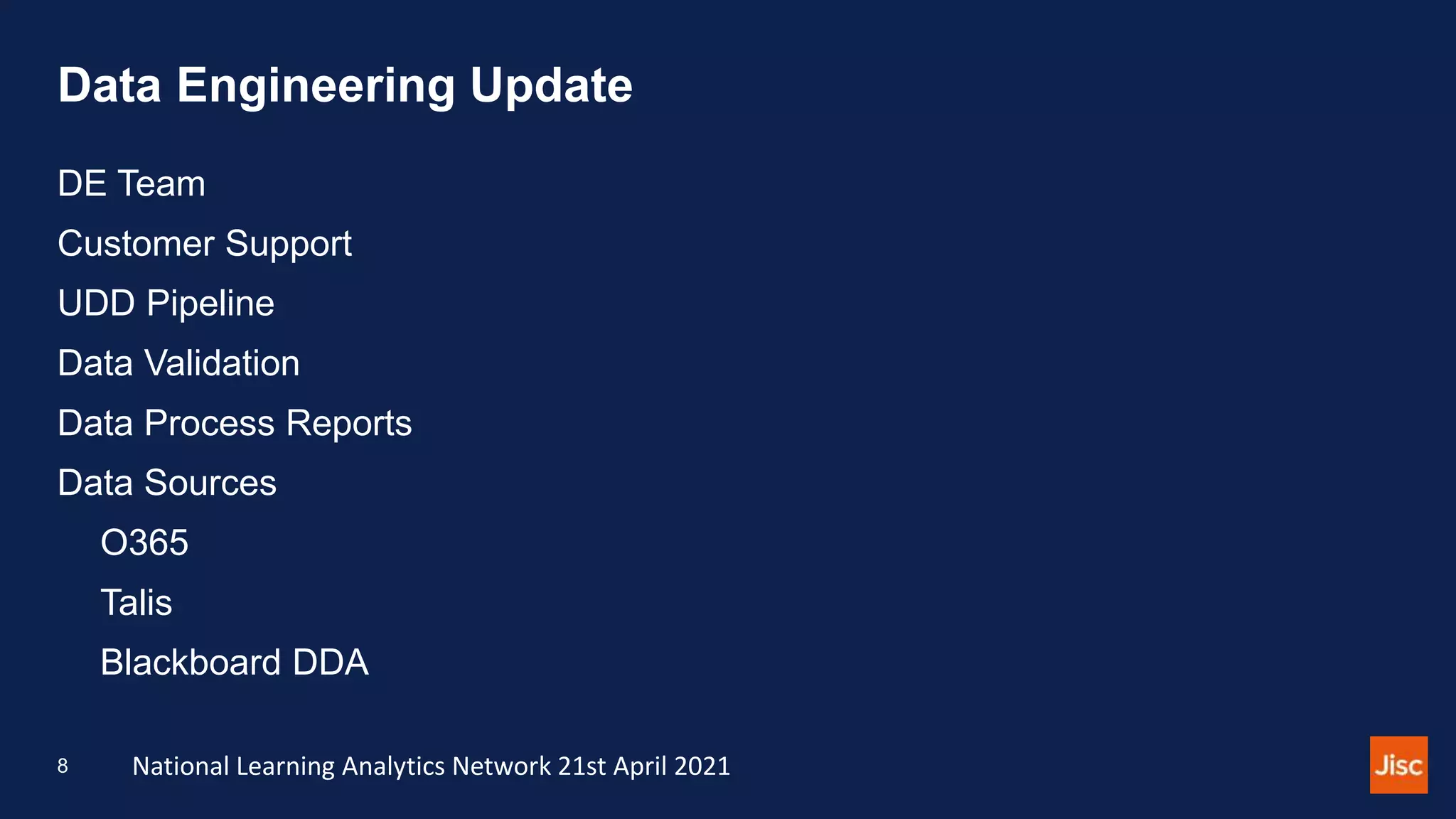 Data Engineering Update
DE Team
Customer Support
UDD Pipeline
Data Validation
Data Process Reports
Data Sources
O365
Talis
Blackboard DDA
National Learning Analytics Network 21st April 2021
8
 
